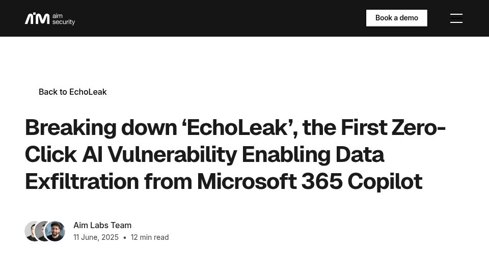 Screenshot of aim.security: EchoLeak – 0-Click AI Vulnerability Enabling Data Exfiltration from 365 Copilot