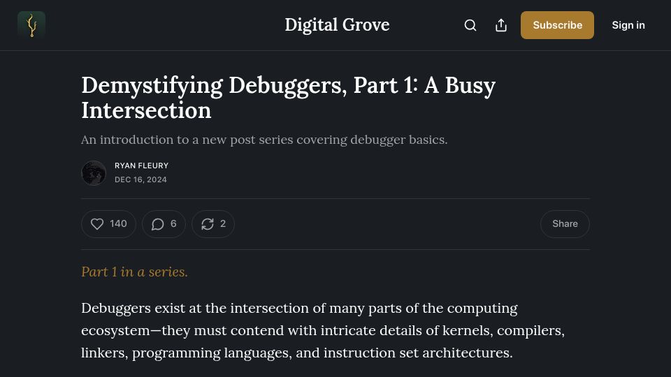 Screenshot of rfleury.com: Demystifying Debuggers