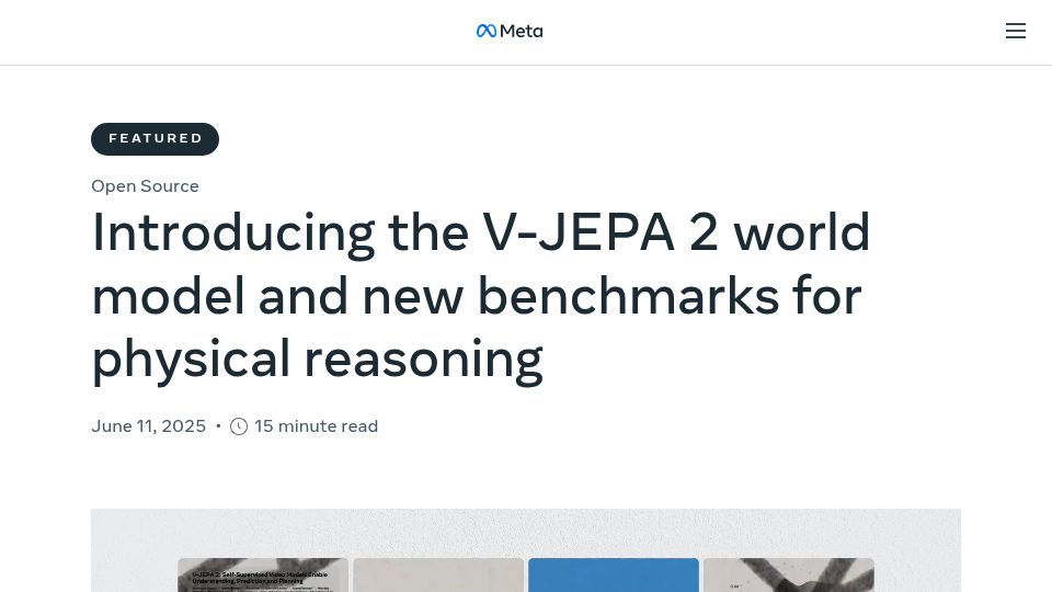 Screenshot of ai.meta.com: V-JEPA 2 world model and new benchmarks for physical reasoning