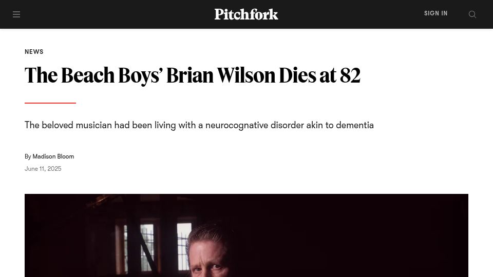 Screenshot of pitchfork.com: Brian Wilson has died