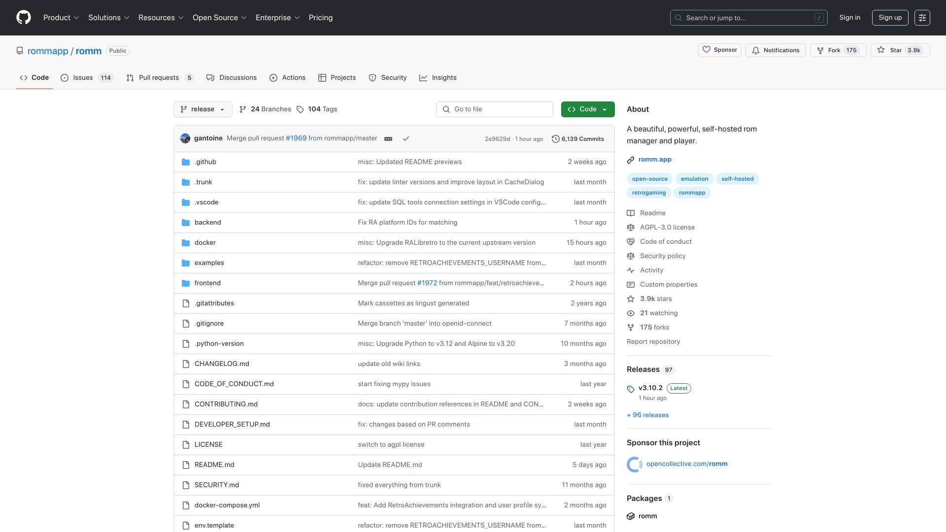Screenshot of github.com: Show HN: RomM – An open-source, self-hosted ROM manager and player