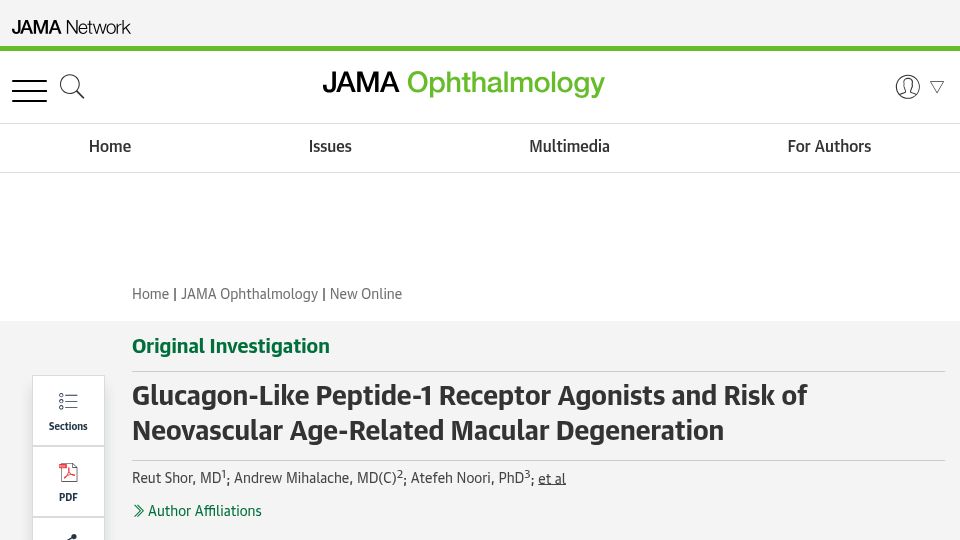 Screenshot of jamanetwork.com: Glucagon-Like Peptide-1 Receptor Agonists and Risk of Macular Degeneration