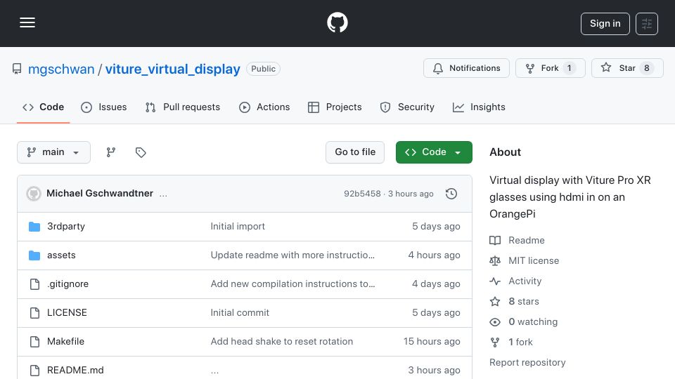 Screenshot of github.com: Show HN: DIY virtual HDMI monitor using "AR" glasses