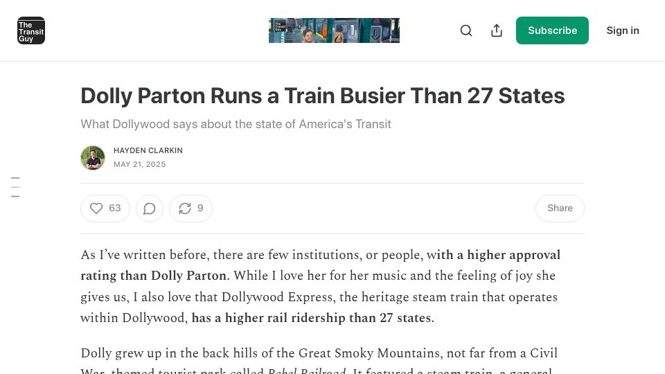 Screenshot of thetransitguy.substack.com: Dolly Parton's Dollywood Express
