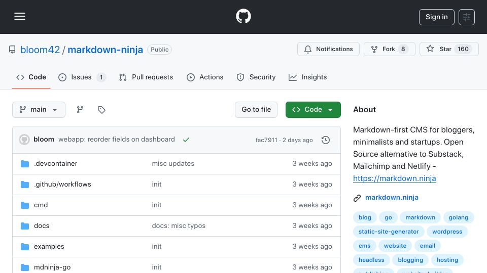 Screenshot of github.com: Markdown Ninja: markdown-first CMS for bloggers, minimalists and startups.