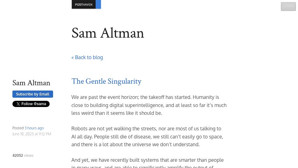 Screenshot of blog.samaltman.com: The Gentle Singularity