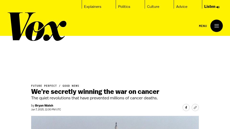Screenshot of vox.com: We’re secretly winning the war on cancer