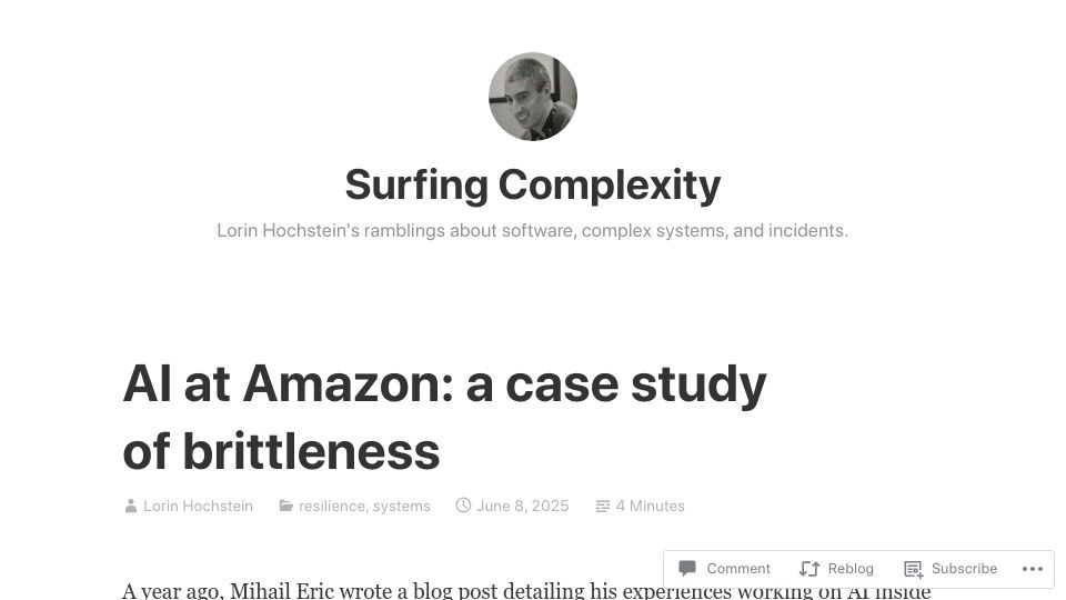 Screenshot of surfingcomplexity.blog: AI at Amazon: A case study of brittleness