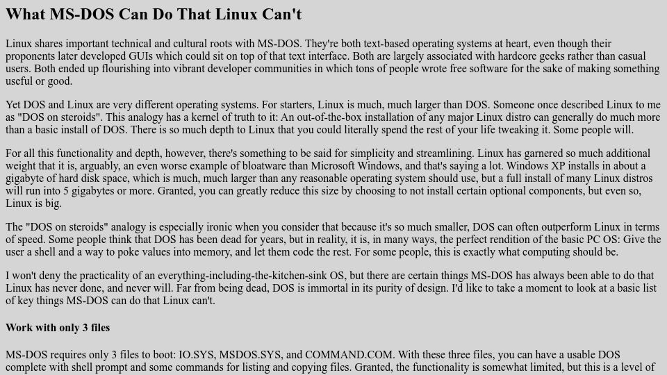 Screenshot of webarchive.me: What MS-DOS Can Do That Linux Can't