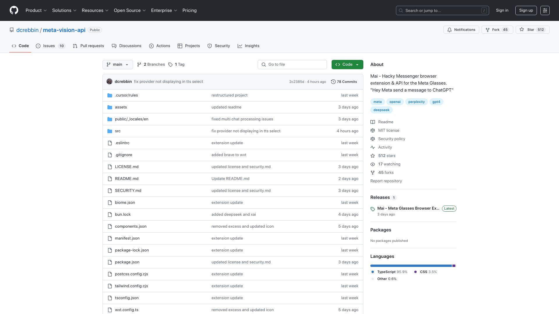 Screenshot of github.com: Show HN: Update to my meta glasses API "Hey Meta send a message to ChatGPT"