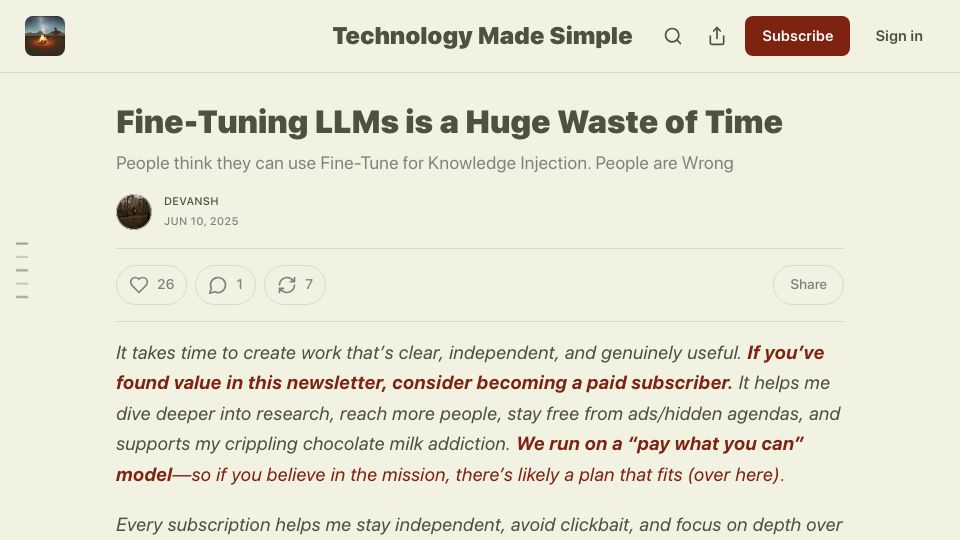 Screenshot of codinginterviewsmadesimple.substack.com: Fine-tuning LLMs is a waste of time