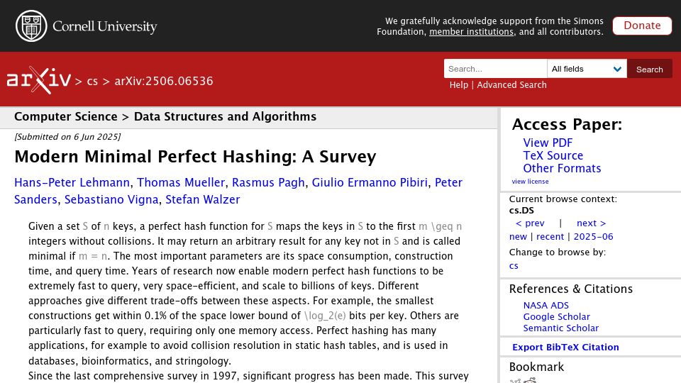 Screenshot of arxiv.org: Modern Minimal Perfect Hashing: A Survey