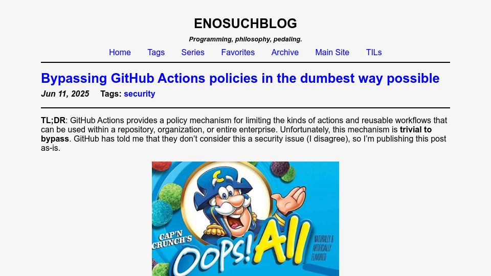 Screenshot of blog.yossarian.net: Bypassing GitHub Actions policies in the dumbest way possible