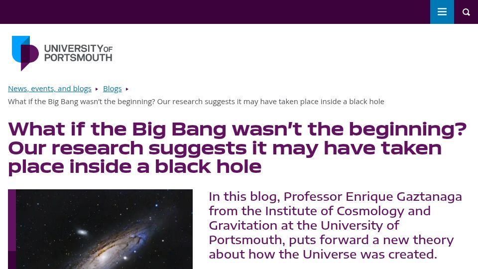 Screenshot of port.ac.uk: Research suggests Big Bang may have taken place inside a black hole