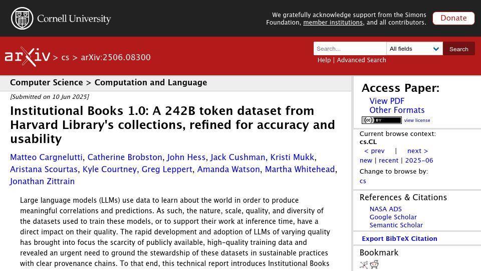 Screenshot of arxiv.org: Institutional Books: A 242B token dataset from Harvard Library's collections