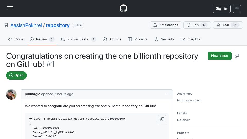 Screenshot of github.com: Congratulations on creating the one billionth repository on GitHub