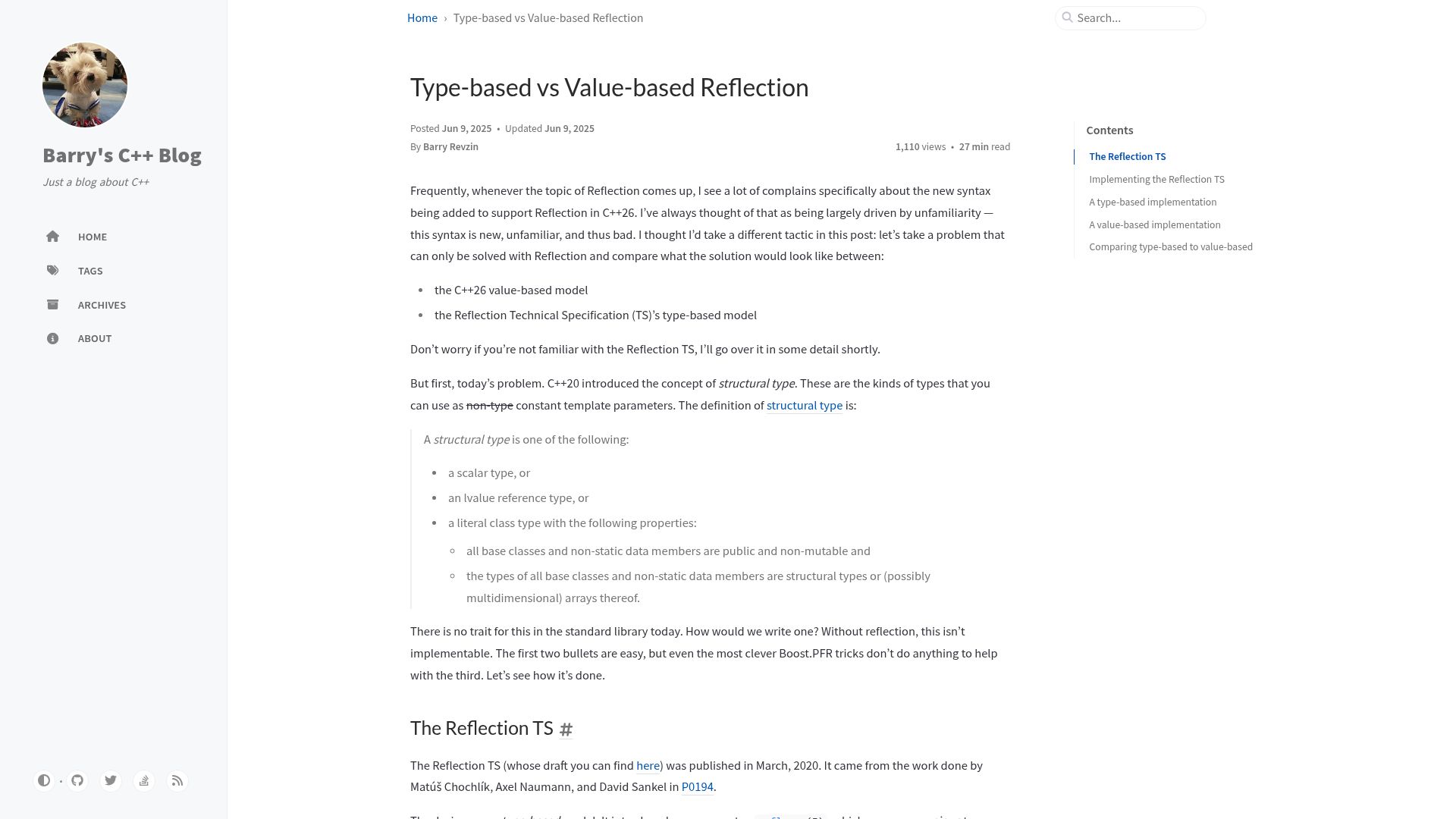Screenshot of brevzin.github.io: Type-based vs. Value-based Reflection
