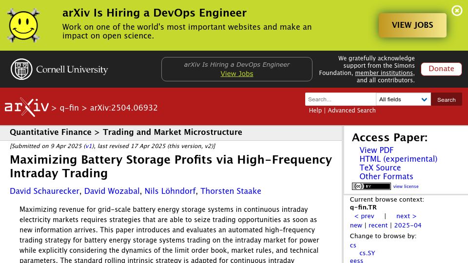 Screenshot of arxiv.org: Maximizing Battery Storage Profits via High-Frequency Intraday Trading