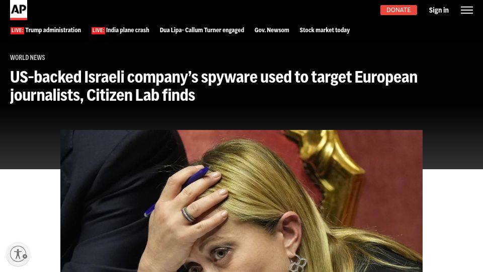 Screenshot of apnews.com: US-backed Israeli company's spyware used to target European journalists