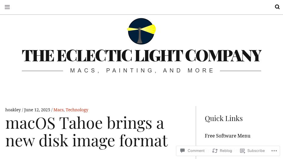 Screenshot of eclecticlight.co: macOS Tahoe brings a new disk image format