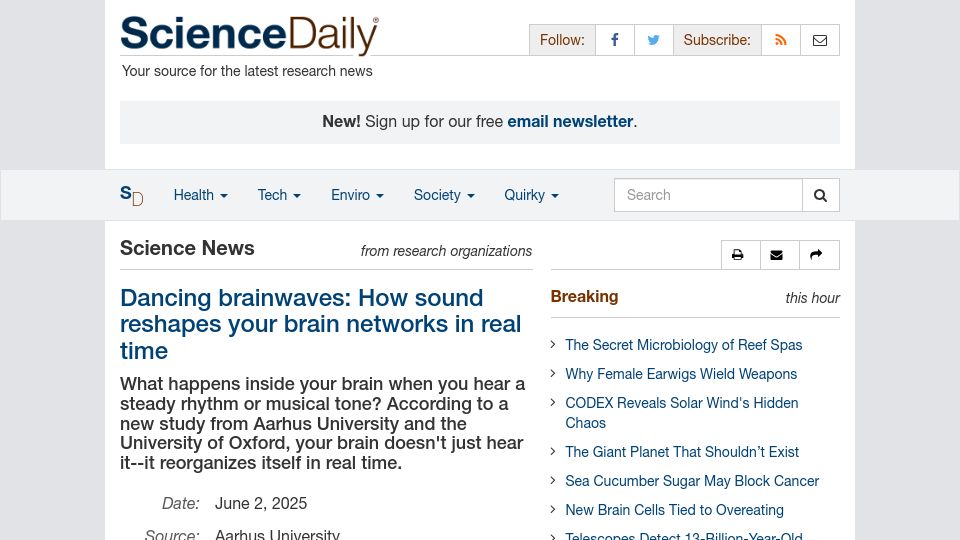 Screenshot of sciencedaily.com: Dancing brainwaves: How sound reshapes your brain networks in real time