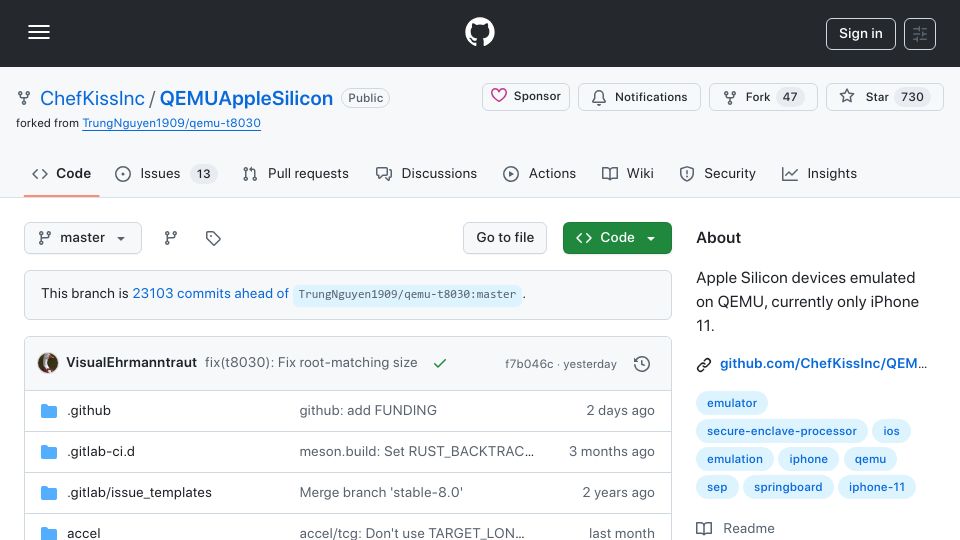 Screenshot of github.com: iPhone 11 emulation done in QEMU