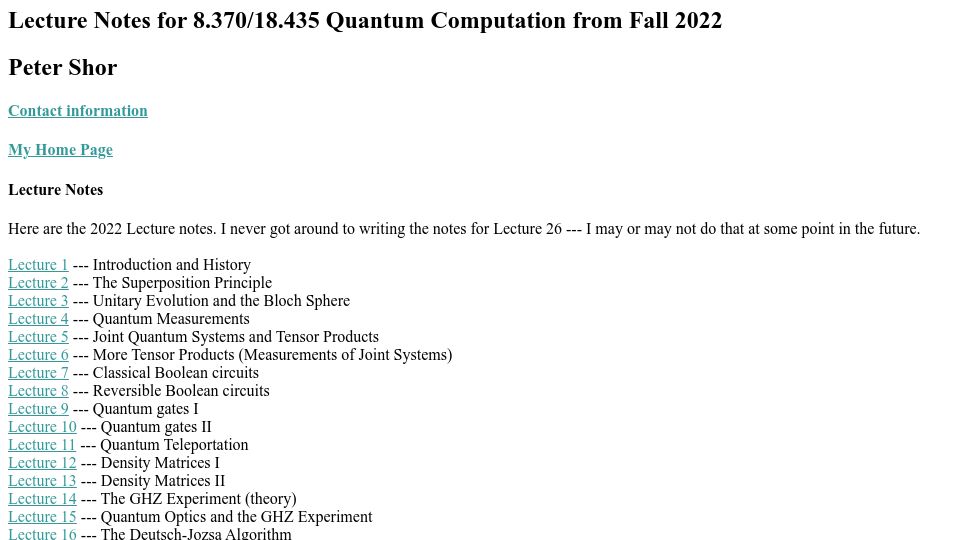 Screenshot of math.mit.edu: Quantum Computation Lecture Notes (2022)