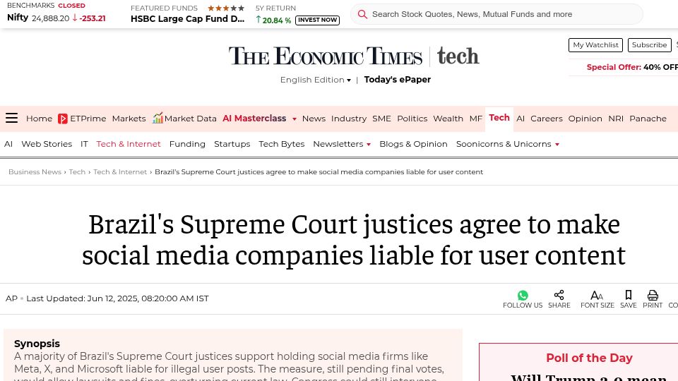 Screenshot of economictimes.indiatimes.com: Brazil's Supreme Court makes social media liable for user content
