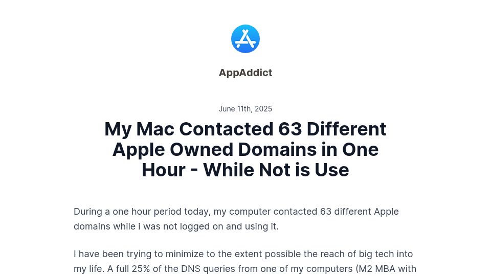Screenshot of appaddict.app: My Mac contacted 63 different Apple owned domains in an hour, while not is use