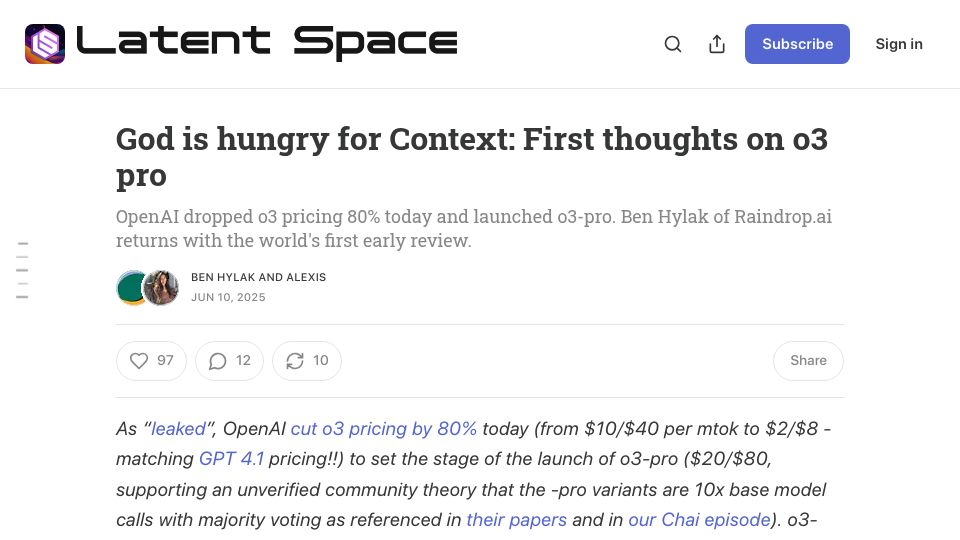 Screenshot of latent.space: First thoughts on o3 pro