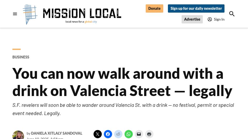 Screenshot of missionlocal.org: You can now legally walk with drinks on SF's Valencia St