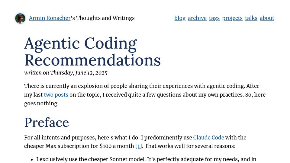 Screenshot of lucumr.pocoo.org: Agentic Coding Recommendations