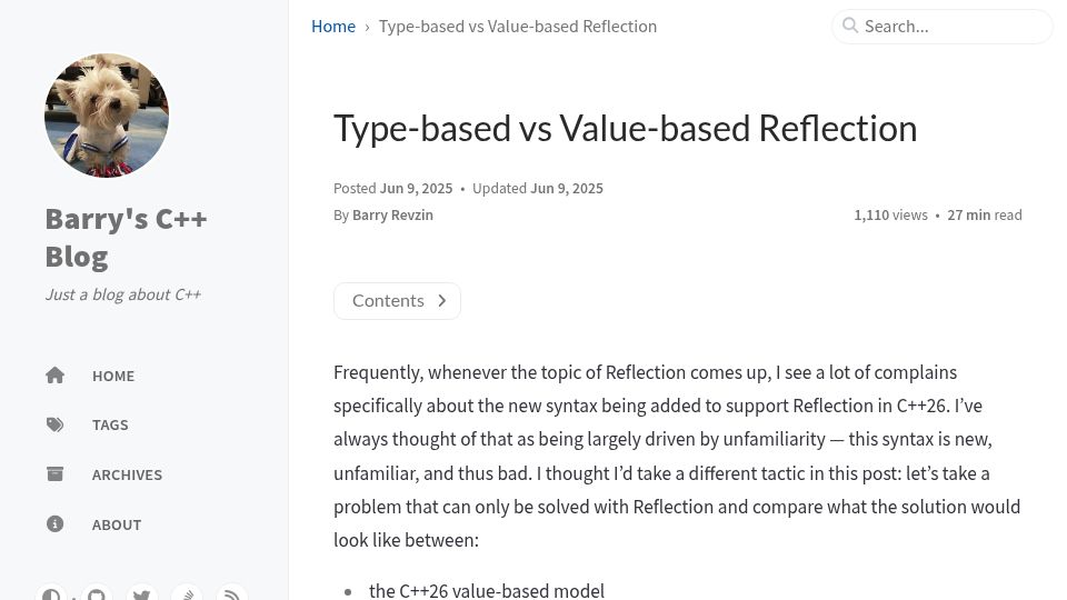 Screenshot of brevzin.github.io: Type-based vs. Value-based Reflection