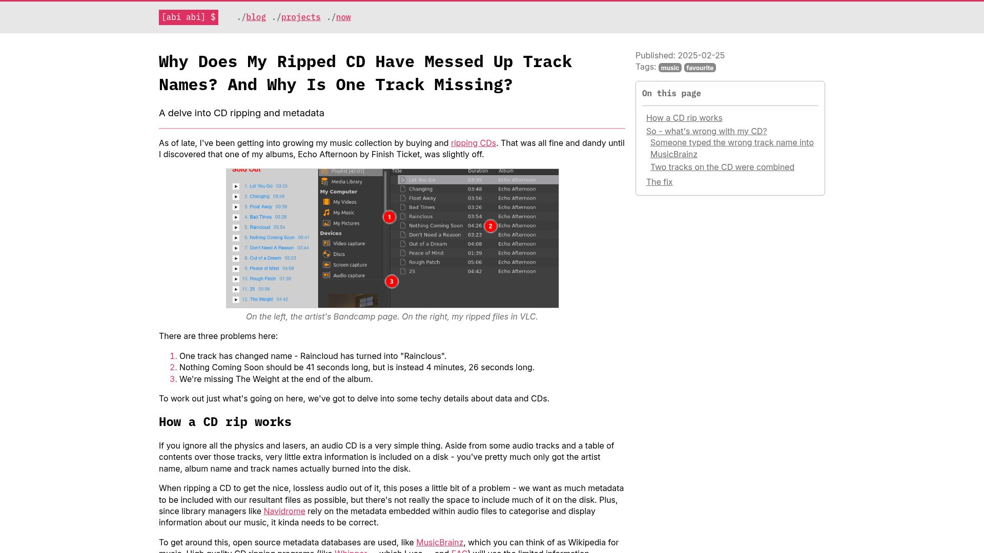 Screenshot of akpain.net: Why does my ripped CD have messed up track names? And why is one track missing?