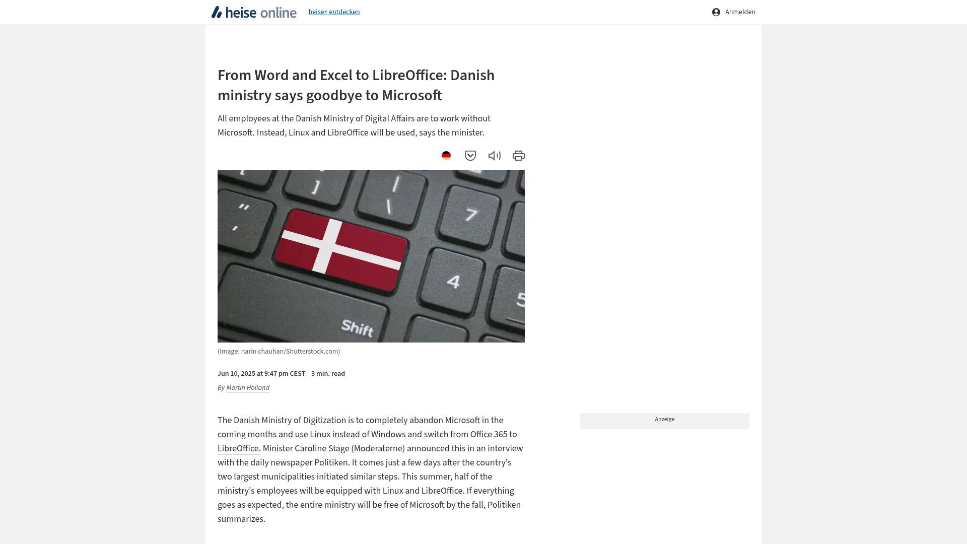 Screenshot of heise.de: Danish Ministry Replaces Windows and Microsoft Office with Linux and LibreOffice