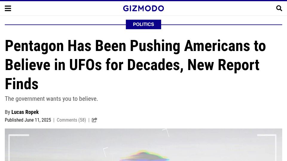 Screenshot of gizmodo.com: Pentagon Has Been Pushing Americans to Believe in UFOs for Decades, New Report