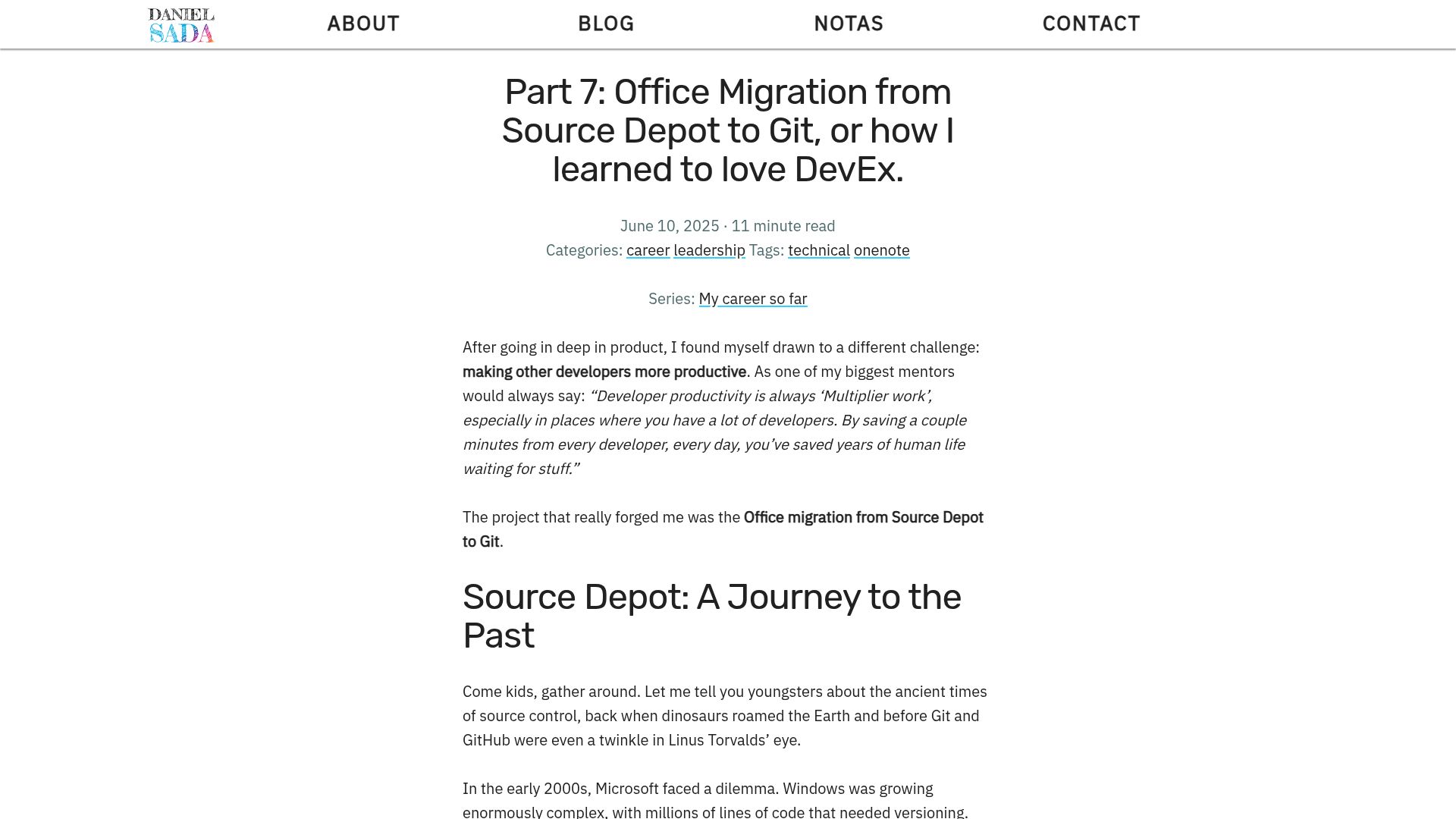 Screenshot of danielsada.tech: Microsoft Office migration from Source Depot to Git