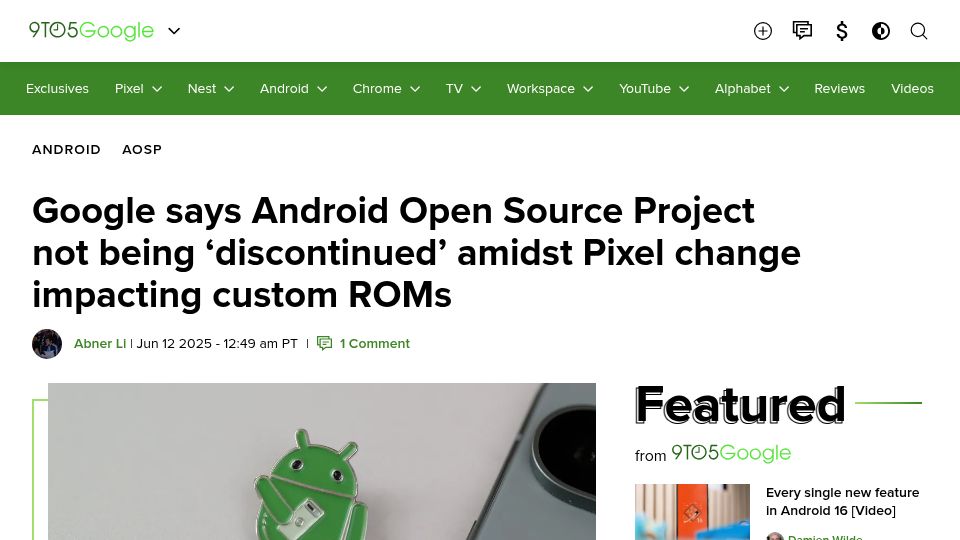 Screenshot of 9to5google.com: Google Pixels are no longer the AOSP reference device