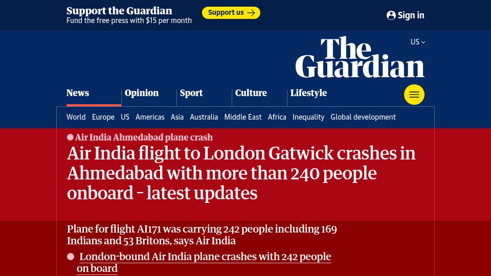 Screenshot of theguardian.com: Air India flight to London crashes in Ahmedabad with more than 240 onboard