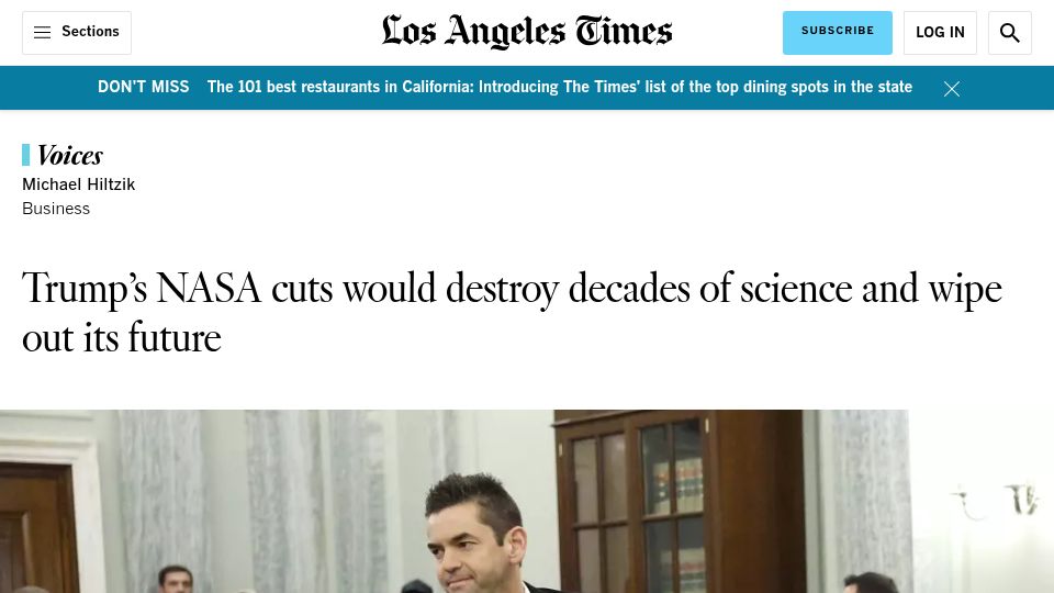 Screenshot of latimes.com: Trump's NASA cuts would destroy decades of science and wipe out its future