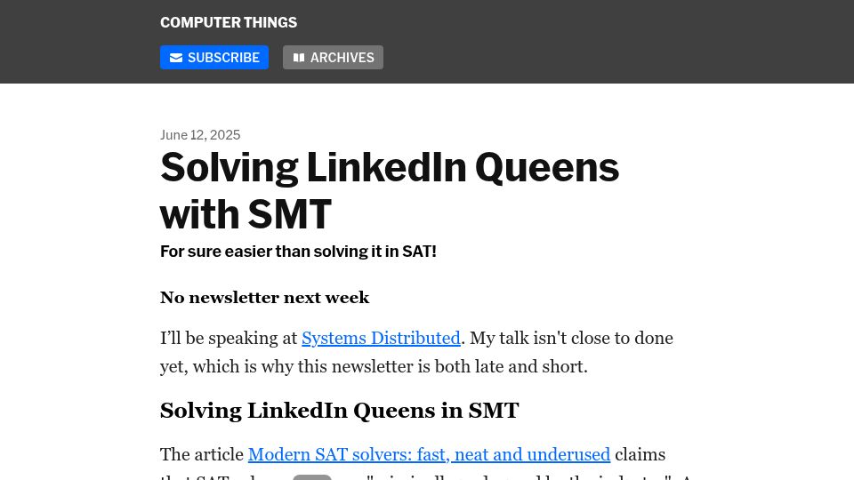 Screenshot of buttondown.com: Solving LinkedIn Queens with SMT