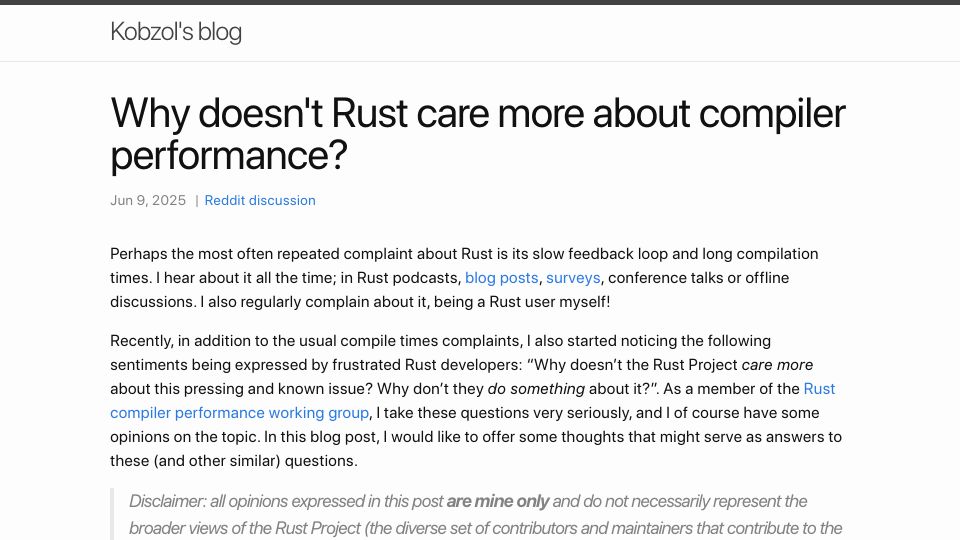 Screenshot of kobzol.github.io: Rust compiler performance