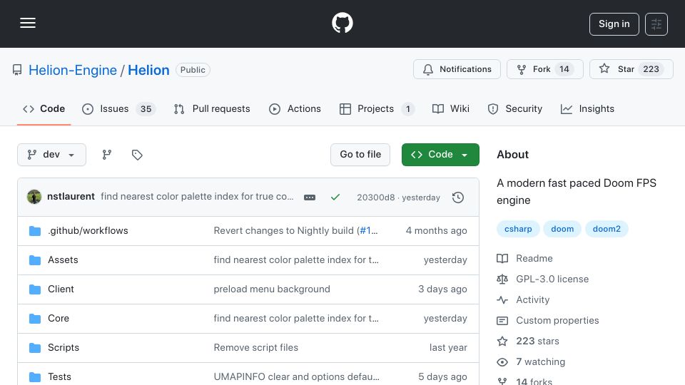 Screenshot of github.com: Helion: A modern fast paced Doom FPS engine in C#