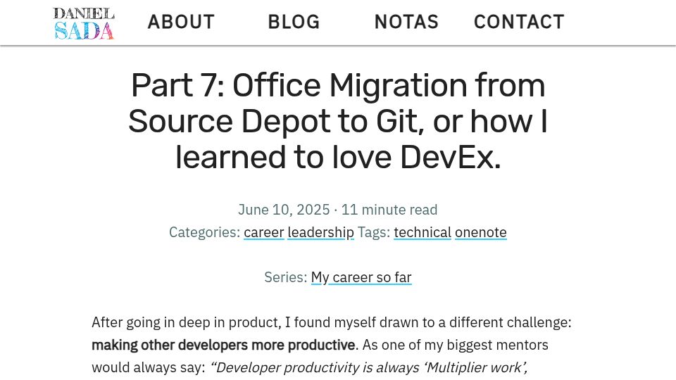 Screenshot of danielsada.tech: Microsoft Office migration from Source Depot to Git