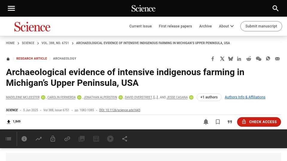 Screenshot of science.org: Archaeological evidence of intensive indigenous farming in MI's Upper Peninsula