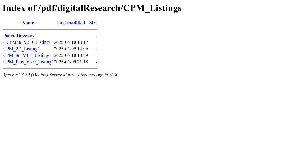 Screenshot of bitsavers.org: CP/M 2.2, CP/M 3.0, CP/M-86, Concurrent CP/M-86 listings by Digital Research