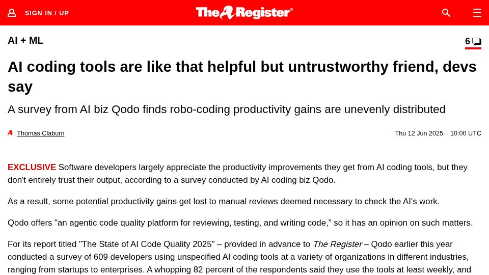 Screenshot of theregister.com: AI coding tools are like that helpful but untrustworthy friend, devs say