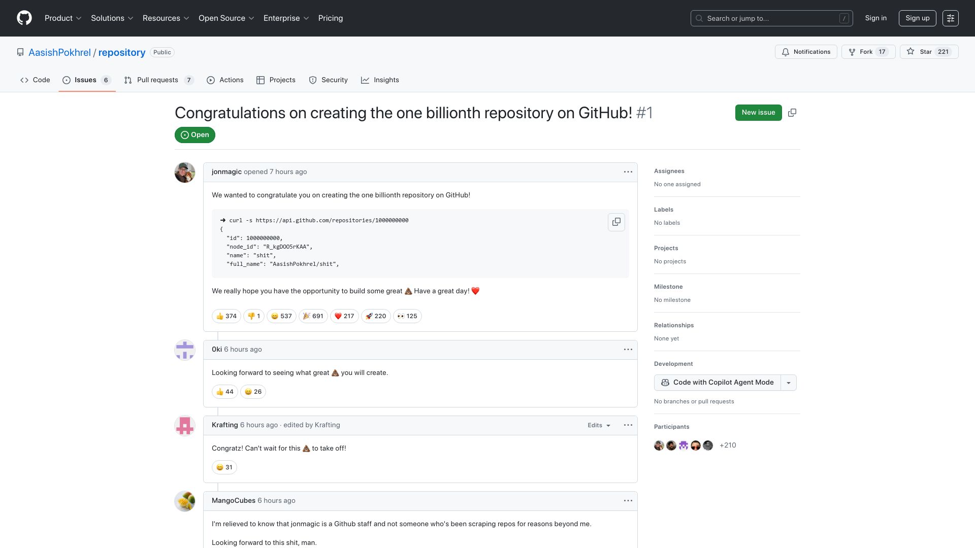 Screenshot of github.com: Congratulations on creating the one billionth repository on GitHub