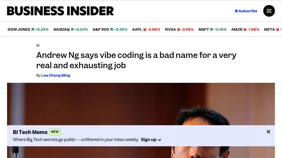 Screenshot of businessinsider.com: Andrew Ng says vibe coding is a bad name for a real and exhausting job