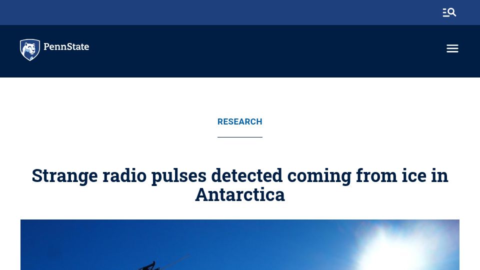 Screenshot of psu.edu: Radio pulses detected coming from ice in Antarctica